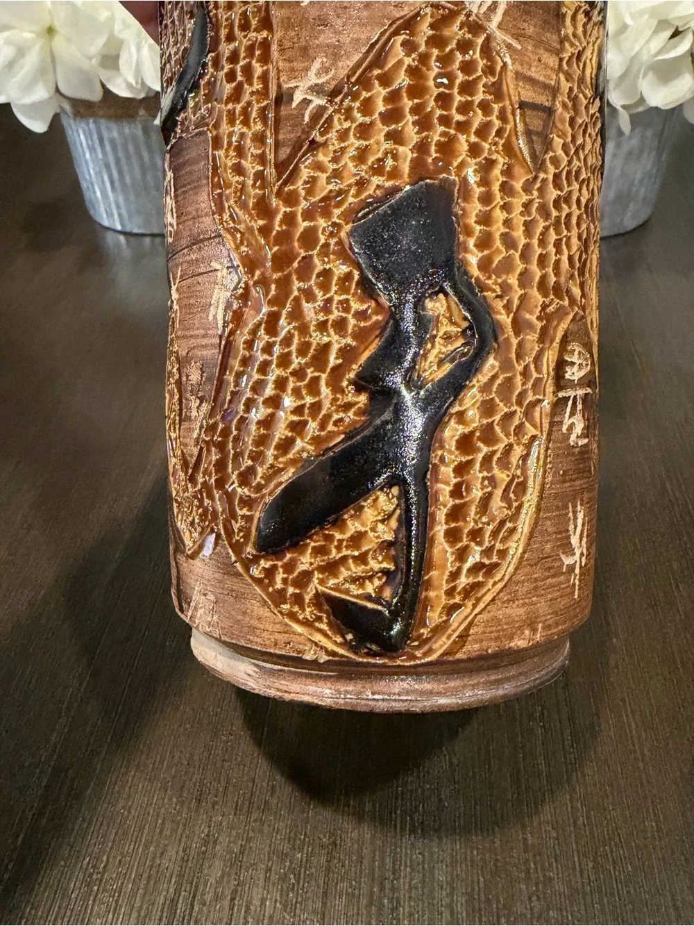 Vintage Hand Carved Chinese Clay Dragon Vase Tang Dynasty Poem Relief Potter